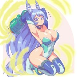 Rule 34 | 1girl, adapted costume, armpits, arms up, blue eyes, blue hair, blue leotard, boku no hero academia, breasts, cleavage, covered navel, full body, hadou nejire, hair horns, kneeling, large breasts, leotard, lewdamone, light blue hair, long hair, looking at viewer, skin tight, solo, strapless, strapless leotard, thigh strap, thighhighs, very long hair, white background
