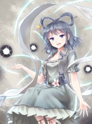 Rule 34 | 1girl, :d, blue dress, blue eyes, blue hair, breasts, cleavage, danmaku, dress, electricity, flower, frilled dress, frills, grey vest, hagoromo, hair ornament, hair rings, hair stick, kaku seiga, looking at viewer, medium breasts, minust, open clothes, open mouth, open vest, puffy short sleeves, puffy sleeves, shawl, short sleeves, smile, solo, touhou, vest