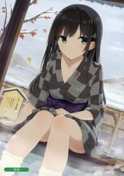 Rule 34 | 1girl, absurdres, artist name, black hair, breasts, cleavage, cloud, cloudy sky, collarbone, day, dutch angle, gotyou, green eyes, hair ornament, highres, japanese clothes, kimono, long hair, looking at viewer, looking away, medium breasts, obi, original, outdoors, sash, sitting, sky, smile, snowing, soaking feet, solo