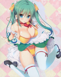 Rule 34 | 1girl, absurdres, apron, argyle, argyle background, argyle clothes, bare shoulders, bikini, blue eyes, blush, bow, breasts, cameltoe, cleavage, green hair, hair ribbon, highres, large breasts, leg ribbon, long hair, looking at viewer, mary janes, melon-chan, melonbooks, nanase meruchi, open mouth, parted lips, ribbon, scan, shoes, sitting, skirt, solo, strap slip, swimsuit, thigh ribbon, thighhighs, twintails, white thighhighs, wrist cuffs, yellow bikini, yellow bow