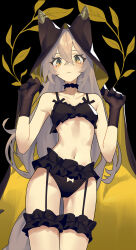 Rule 34 | absurdres, animal ears, black background, black gloves, black panties, breasts, closed mouth, cowboy shot, frills, garter straps, ghost (tama), gloves, grey hair, hand up, highres, hood, leaf, long hair, looking at viewer, midriff, original, panties, ribbon-trimmed underwear, ribbon trim, simple background, small breasts, tail, underwear, wolf ears, wolf girl, wolf tail