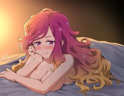 Rule 34 | 1girl, arm support, blonde hair, blush, breasts, cleavage, closed mouth, completely nude, copyright request, gradient hair, hair down, head rest, large breasts, looking at viewer, multicolored hair, nude, purple hair, red eyes, red hair, smile, solo, under covers, yoban