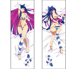 Rule 34 | 10s, 1girl, ass, barefoot, blue hair, bow, bra, bracelet, breasts, butt crack, choker, cleavage, colored inner hair, dakimakura (medium), detached sleeves, feet, from above, full body, hair bow, jewelry, konoy, large breasts, leg warmers, long hair, lying, multicolored hair, multiple views, nail polish, navel, no shoes, panties, panty &amp; stocking with garterbelt, pink hair, soles, stocking (psg), striped bra, striped clothes, striped legwear, striped panties, toeless legwear, toenail polish, toenails, toes, two-tone hair, underwear, underwear only, very long hair