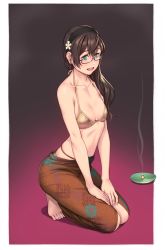 Rule 34 | 1girl, alternate costume, aqua eyes, bare arms, bare shoulders, barefoot, bikini, black hair, blush, breasts, collarbone, commentary request, earrings, flower, glasses, gold bikini, hair flower, hair ornament, hair over shoulder, hairband, halterneck, highres, incense, jewelry, kantai collection, kneeling, long hair, looking at viewer, navel, ooyodo (kancolle), open mouth, sarong, semi-rimless eyewear, shiny swimsuit, simple background, skindentation, small breasts, smile, solo, string bikini, swimsuit, toes, under-rim eyewear, yuuji (and)