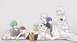 Rule 34 | 5others, alternate costume, androgynous, blanket, blonde hair, blue hair, blunt bangs, cairngorm (houseki no kuni), casual, chips (food), closed eyes, contemporary, diamond (houseki no kuni), drooling, eating, food, green eyes, green hair, grey background, grey hair, hair over one eye, highres, houseki no kuni, jade (houseki no kuni), long hair, lying, multicolored hair, multiple others, mydeerwitch, navel, on side, phosphophyllite, phosphophyllite (ll), popcorn, potato chips, rainbow hair, red hair, rutile (houseki no kuni), shirt, short hair, shorts, sleeping, sleeping on person, smile, snack, spoilers, stuffed animal, stuffed toy, t-shirt, tank top, white eyes, white hair, yellow eyes