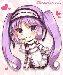 Rule 34 | 1girl, :p, bare shoulders, black flower, black rose, blush, chibi, commentary request, dress, euryale (fate), fate/grand order, fate (series), flower, frilled hairband, frills, hairband, hand up, heart, looking at viewer, purple eyes, purple hair, rose, smile, solo, standing, suzunone rena, tongue, tongue out, twintails, twitter username, white dress