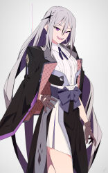 Rule 34 | 1girl, black coat, bow, bowtie, breasts, brown gloves, coat, coat on shoulders, collared shirt, cowboy shot, earrings, fang, gloves, grey hair, hair ornament, hand on own hip, highres, jewelry, long hair, looking at viewer, open mouth, original, purple eyes, sash, shirt, sidelocks, skirt, small breasts, smile, sohin, solo, very long hair, white shirt, white skirt