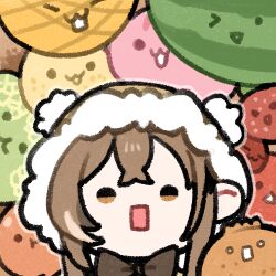 Rule 34 | 1girl, :3, brown hair, capelet, cherry, clipe, food, fruit, hololive, hololive english, hood, lowres, melon, nanashi mumei, orange (fruit), peach, pear, pineapple, solo, square mouth, strawberry, suika game, triangle mouth, virtual youtuber, watermelon