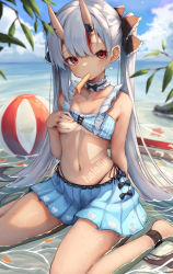 Rule 34 | 1girl, absurdres, ball, beach, bikini, bikini top lift, black bow, blue bikini, blue sky, blush, bow, breasts, choker, clothes lift, cloud, collarbone, copyright name, covering breasts, covering privates, day, earrings, food, frilled bikini, frilled choker, frills, hair bow, heart, heart print, highres, hololive, horns, inre kemomimi, jewelry, long hair, looking at viewer, medium breasts, mouth hold, multicolored hair, nakiri ayame, nakiri ayame (hololive summer 2019), navel, ocean, outdoors, popsicle, red eyes, red hair, shell, shell earrings, sitting, skin-covered horns, sky, solo, streaked hair, swimsuit, tan, tanline, thighs, twintails, very long hair, virtual youtuber, wariza, wet, white choker, white hair