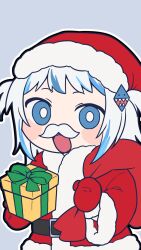 Rule 34 | 1girl, 9am9am9am, alternate costume, belt, belt buckle, blue eyes, blue hair, blush, bright pupils, buckle, fake facial hair, fake mustache, gawr gura, gift, grey background, highres, holding, holding gift, hololive, hololive english, multicolored hair, open mouth, santa costume, sharp teeth, short hair, solo, streaked hair, teeth, two side up, upper body, white hair, white pupils