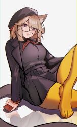 Rule 34 | 1girl, absurdres, animal ear fluff, animal ears, arknights, beret, black hat, black jacket, black shirt, black skirt, breasts, cat ears, cellphone, commentary, distr, fang, glasses, hair ornament, hairclip, hat, highres, holding, holding phone, jacket, large breasts, light brown hair, long sleeves, looking at viewer, medium hair, official alternate costume, open clothes, open jacket, open mouth, pantyhose, phone, pleated skirt, purple eyes, reflection, shirt, simple background, sitting, skin fang, skirt, smartphone, solo, tail, utage (arknights), utage (disguise) (arknights), white background, yellow pantyhose