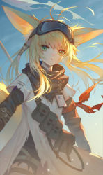 Rule 34 | 1girl, absurdres, animal ear fluff, animal ears, arknights, arm ribbon, belt pouch, bilibilida, black shirt, blonde hair, blue sky, cloak, commentary request, cowboy shot, day, dutch angle, expressionless, floating hair, fox ears, goggles, goggles on head, green eyes, highres, id card, light particles, long hair, long sleeves, looking at viewer, official alternate costume, outdoors, parted lips, pouch, red ribbon, ribbon, scarf, shirt, shoulder strap, sky, solo, suzuran (arknights), suzuran (lostlands flowering) (arknights), torn flag, white cloak