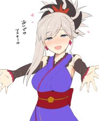 Rule 34 | 1girl, bad id, bad twitter id, blue eyes, blush, earrings, fate/grand order, fate (series), folded ponytail, heart, heart-shaped pupils, ito (silk9f), japanese clothes, jewelry, magatama, miyamoto musashi (fate), obi, outstretched arms, sash, smile, solo, symbol-shaped pupils
