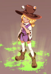 Rule 34 | 1girl, blonde hair, boots, brown background, brown eyes, brown footwear, brown hat, closed mouth, dress, hand up, hat, jewelry, light, long sleeves, looking to the side, looking up, moriya suwako, purple dress, ring, shikido (khf), shirt, short hair, simple background, smile, solo, standing, star (symbol), teeth, thighhighs, touhou, white shirt, white sleeves, white thighhighs, wide sleeves