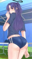 Rule 34 | 1girl, asm ln, ass, blue archive, blue buruma, blue eyes, blue hair, blue shirt, blurry, blurry background, blush, buruma, commentary, from behind, halo, highres, long hair, looking at viewer, looking back, official alternate costume, shirt, short sleeves, solo, thighs, yuuka (blue archive), yuuka (track) (blue archive)
