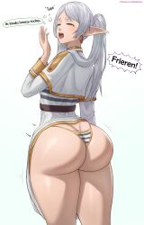 Rule 34 | 1girl, ass, belt, blue panties, bouncing ass, brown belt, butt crack, capelet, closed eyes, clothes lift, commentary, dress, dress lift, elf, english commentary, english text, frieren, from behind, grey hair, hand up, highres, huge ass, long hair, long sleeves, motion lines, open mouth, panties, parted bangs, pointy ears, raised eyebrows, solo, sousou no frieren, squeans, striped clothes, striped panties, superbusty, tearing up, thick thighs, thighs, underwear, white capelet, white dress, white panties, yawning