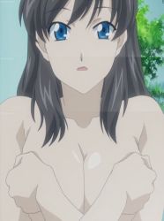 Rule 34 | 1girl, black hair, blue eyes, breasts, cleavage, covering privates, covering breasts, hands on breasts, highres, iseshima aya, long bangs, long hair, open mouth, plant, screencap, stitched, third-party edit, topless, topless frame, watermark, zettai shougeki
