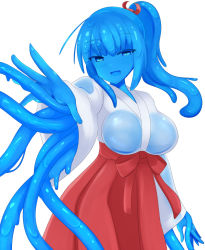 Rule 34 | blue eyes, blue hair, blue skin, breasts, colored skin, japanese clothes, medium breasts, miko, monster girl, open mouth, ponytail, rethnick, slime girl, smile, sura shrine maiden, tentacles, wet, wet clothes