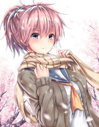 Rule 34 | 10s, 1girl, aoba (kancolle), backlighting, bloom, blue eyes, blush, brown jacket, cherry blossoms, hair between eyes, hair ornament, hair scrunchie, jacket, kantai collection, long sleeves, looking at viewer, neckerchief, open clothes, open jacket, outdoors, parted lips, petals, pink hair, ponytail, scarf, school uniform, scrunchie, serafuku, solo, striped clothes, striped scarf, tama satou, upper body