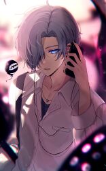 Rule 34 | 1boy, absurdres, arm up, black nails, blue eyes, blue hair, breast pocket, buttons, cellphone, collarbone, collared shirt, ear piercing, earphones, earrings, flower, flower necklace, hair over one eye, hanami haru, highres, holding, jewelry, long sleeves, looking at viewer, mole, mole under eye, nail polish, necklace, original, phone, piercing, pocket, shirt, short hair, single earring, smartphone, solo, sweatdrop, tongue piercing, white shirt
