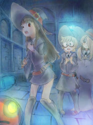 Rule 34 | 10s, 3girls, bad id, bad pixiv id, belt, blue eyes, boots, brown hair, clenched hands, dark room, glasses, hair over one eye, hat, highres, kagari atsuko, knee boots, little witch academia, long hair, lotte jansson, multiple girls, open mouth, orange hair, piroaki, red eyes, short hair, skirt, sucy manbavaran, wand, witch, witch hat