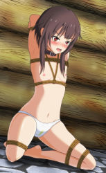 Rule 34 | 1girl, angry, armpits, arms behind head, arms up, barefoot, bdsm, blush, bondage, bound, bound arms, bound legs, brown hair, collar, dutch angle, embarrassed, female focus, flat chest, full body, have to pee, highres, indoors, kneeling, kono subarashii sekai ni shukufuku wo!, medium hair, megamin, megumin, natsuki-s, navel, nipples, nose blush, open mouth, panties, pee, peeing, peeing self, red eyes, rope, sidelocks, skindentation, solo, spread legs, stomach, tears, textless version, topless, underwear, underwear only, v-shaped eyebrows, wet, wet clothes, wet panties, white panties