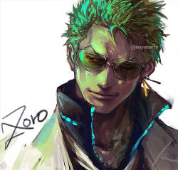 Rule 34 | 1boy, character name, collar, earrings, glasses, green hair, jewelry, male focus, one eye closed, one piece, one piece film: gold, roronoa zoro, scar, short hair, smile, solo, sunglasses, tsuyomaru