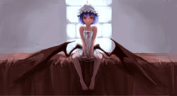 Rule 34 | 1girl, bare arms, bare legs, bare shoulders, barefoot, bed, bed sheet, between legs, closed mouth, dress, facing viewer, fang, flat chest, frills, full body, hand between legs, hat, highres, indoors, koog, looking at viewer, mob cap, nightgown, on bed, purple hair, red eyes, red wings, remilia scarlet, ribbon, short hair, sitting, sleeveless, sleeveless dress, smile, solo, team shanghai alice, toe scrunch, toes, touhou, vampire, white dress, window, wings