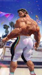 Rule 34 | artist name, ass, beard, blue sky, blurry, blurry background, confetti, facial hair, flag, highres, huge ass, lgbt pride, looking at viewer, looking back, martini art, muscular, muscular male, original, outdoors, palm tree, pointy ears, rainbow, rainbow flag, red eyes, shorts, signature, sky, thick arms, thick eyebrows, thick thighs, thighs, tight clothes, tree