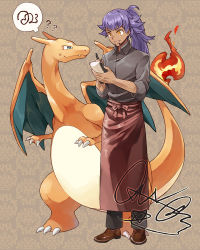 Rule 34 | 1boy, ?, ??, alternate costume, alternate hairstyle, apron, black pants, black shirt, brown footwear, charizard, collared shirt, commentary request, creatures (company), dark-skinned male, dark skin, facial hair, fire, flame-tipped tail, game freak, gen 1 pokemon, holding, holding notepad, holding pen, leon (pokemon), long hair, looking down, nintendo, notepad, orange eyes, pants, parted lips, pen, pokemon, pokemon (creature), pokemon swsh, ponytail, purple hair, sasairebun, shirt, shoes, sleeves rolled up, standing, waist apron