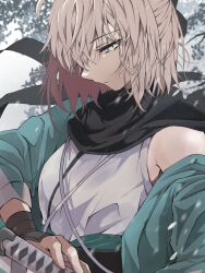 Rule 34 | 1girl, absurdres, blood, blood on face, drawing sword, expressionless, fate/grand order, fate (series), fighting stance, haori, highres, holding, holding sword, holding weapon, japanese clothes, katana, okita souji (fate), okita souji (koha-ace), ready to draw, scarf, snow, sword, toyosu, weapon
