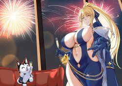 Rule 34 | 1girl, absurdres, alcohol, artoria pendragon (fate), artoria pendragon (lancer) (fate), bare shoulders, blonde hair, blue gloves, breasts, center opening, champagne, champagne flute, cleavage, cocktail dress, commission, crown, cup, dog, dress, drinking glass, elbow gloves, fate/grand order, fate (series), foreshortening, gloves, green eyes, hair between eyes, highres, holding, husky, large breasts, long hair, looking at viewer, navel, outstretched arm, outstretched hand, ponytail, reaching, reaching towards viewer, revealing clothes, shiki (love-saber), sidelocks, smile, solo, standing, swept bangs, very long hair