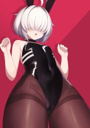 Rule 34 | 1girl, ahoge, animal ears, arc 9 (mikoscrub), bare arms, black leotard, black pantyhose, covered eyes, covered navel, cowboy shot, fake animal ears, from below, hair over eyes, hands up, highres, leotard, mikoscrub, open mouth, original, pantyhose, playboy bunny, rabbit ears, red background, short hair, solo, thighband pantyhose, white hair