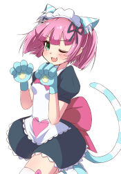 Rule 34 | 1girl, :3, animal ear fluff, animal ears, animal hands, apron, back bow, blush, bow, cat ears, cat tail, fang, gloves, green eyes, highres, looking at viewer, maid, maid headdress, nekonomiya mikoto, one eye closed, open mouth, paw gloves, pink hair, short sleeves, skin fang, smile, solo, tail, twintails, umi monogatari, urin (umi monogatari)