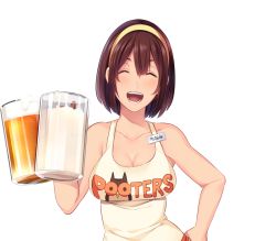 Rule 34 | 1girl, bare arms, bare shoulders, beer mug, brand name imitation, breasts, brown hair, butcha-u, cleavage, collarbone, cup, drinking glass, eyelashes, closed eyes, facing viewer, game cg, hair between eyes, hairband, hand on own hip, hand up, holding, holding cup, holding drinking glass, hooters, kenzen! hentai seikatsu no susume, large breasts, looking at viewer, maezono chinami, mug, name tag, open mouth, orange shorts, short hair, short shorts, shorts, sleeveless, smile, solo, standing, tank top, teeth, translated, transparent background, upper body, white legwear, yellow hairband