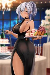 Rule 34 | 1girl, ass, black dress, black nails, blurry, blurry background, breasts, brown eyes, cleavage, dark-skinned female, dark skin, dress, evening gown, from behind, glasses, grey hair, hair up, highres, kantai collection, large breasts, long hair, looking at viewer, looking back, musashi (kancolle), nail polish, side slit, solo, yunamaro