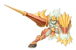 Rule 34 | 1boy, armor, colored skin, creatures (company), crossover, faulds, forehead protector, full armor, fur collar, game freak, garrett hanna, gen 6 pokemon, grey skin, highres, holding, holding lance, holding polearm, holding shield, holding weapon, huge weapon, humanization, lance, loincloth, male focus, monster hunter (series), nintendo, pokemon, pokemon (creature), polearm, shield, solo, spiked armor, standing, tabi, tyrantrum, weapon