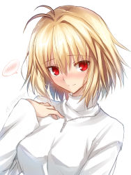 Rule 34 | 1girl, akatsuki (ggsy7885), antenna hair, arcueid brunestud, blonde hair, blush, breasts, closed mouth, commentary request, hair between eyes, highres, jewelry, long sleeves, looking at viewer, medium breasts, necklace, red eyes, short hair, simple background, single hair intake, smile, solo, sweater, tsukihime, tsukihime (remake), turtleneck, turtleneck sweater, twitter username, upper body, white background, white sweater