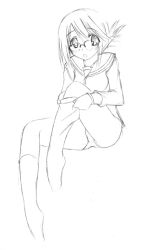 Rule 34 | 00s, 1girl, :o, blush, dressing, folded ponytail, glasses, greyscale, kneehighs, komaki manaka, long sleeves, looking at viewer, monochrome, open mouth, panties, rimless eyewear, sailor collar, school uniform, simple background, sitting, socks, solo, to heart (series), to heart 2, underwear, white background