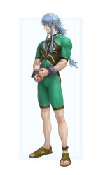 Rule 34 | 1boy, absurdres, blue eyes, blue hair, cuffs, handcuffs, highres, kazuko (towa), long hair, male focus, mature male, muscular, muscular male, one-piece swimsuit, regal bryan, sandals, swimsuit, tales of (series), tales of symphonia, zipper