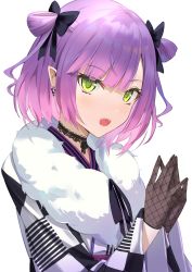 Rule 34 | 1girl, alternate hairstyle, black choker, blush, checkered clothes, checkered kimono, choker, fangs, fishnet gloves, fishnets, gloves, gradient hair, green eyes, hair rings, highres, hololive, japanese clothes, kakumayu, kimono, long sleeves, looking at viewer, multicolored hair, open mouth, own hands together, pink hair, pointy ears, purple hair, short hair, simple background, solo, tokoyami towa, tokoyami towa (new year), upper body, virtual youtuber, white background, wide sleeves