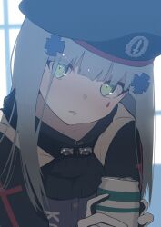 Rule 34 | 1girl, absurdres, beret, black gloves, can, cross hair ornament, drink can, girls&#039; frontline, gloves, green eyes, grey hair, hair ornament, hat, highres, hk416 (girls&#039; frontline), holding, holding can, long hair, looking at viewer, open mouth, ryunosuke nikaido, soda can, solo, teardrop facial mark, teardrop tattoo, two-tone gloves, upper body, white gloves