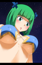 Rule 34 | 1girl, blush, brandish mew, breasts, cleavage, fairy tail, gaston18, green hair, highres, open mouth, sky, star (sky), starry sky, underboob