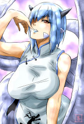 Rule 34 | 10s, 1girl, blue hair, blue lips, breasts, china dress, chinese clothes, dragon girl, dragon horns, dragon wings, dress, hair over one eye, horns, huge breasts, lamia, melusine (monster musume), monster girl, monster musume no iru nichijou, orange eyes, pointy ears, s-now, scales, short hair, signature, sleeveless, solo, taut clothes, wings