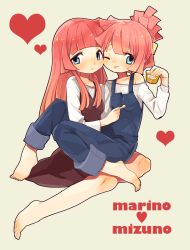 Rule 34 | 10s, 2girls, :p, bad id, bad pixiv id, barefoot, blue eyes, child, dadami, feet, food, heart, ice cream, long hair, multiple girls, one eye closed, overalls, pink hair, star driver, tongue, tongue out, wink, you marino, you mizuno