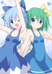 Rule 34 | 2girls, ;d, adapted costume, armpits, arms up, bare arms, bare shoulders, blue eyes, blue hair, bow, breasts, cirno, clenched hand, collarbone, daiyousei, dress, fairy wings, gradient background, green hair, hair ribbon, heart, kagerou (kers), looking at viewer, multiple girls, no bra, one eye closed, open mouth, ribbon, short hair, side ponytail, sideboob, small breasts, smile, star (symbol), sundress, touhou, wings, yellow bow