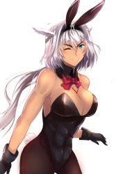 Rule 34 | 1girl, animal ears, black gloves, black leotard, blue eyes, breasts, caenis (fate), cleavage, commentary request, dark-skinned female, dark skin, detached collar, fake animal ears, fate/grand order, fate (series), gloves, hair intakes, hairband, highleg, highleg leotard, jikihatiman, large breasts, leotard, long hair, looking at viewer, one eye closed, pantyhose, playboy bunny, rabbit ears, rabbit tail, red neckwear, simple background, smile, solo, tail, tattoo, white background, white hair
