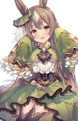Rule 34 | 1girl, :d, animal ears, black thighhighs, blush, braid, brown eyes, brown hair, center frills, commentary request, frills, green jacket, green skirt, hair between eyes, half updo, hands up, head tilt, highres, horse ears, ichinose (sorario), jacket, long sleeves, looking at viewer, open mouth, pleated skirt, satono diamond (umamusume), shirt, simple background, skirt, sleeves past fingers, sleeves past wrists, smile, solo, thighhighs, umamusume, white background, white shirt