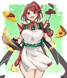 Rule 34 | 1girl, alternate costume, apron, breasts, cooking, frying pan, gem, hair ornament, headpiece, highres, jewelry, kurokaze no sora, large breasts, open mouth, ponytail, pyra (xenoblade), red eyes, red hair, short hair, short ponytail, smile, solo, thighs, tiara, xenoblade chronicles (series), xenoblade chronicles 2
