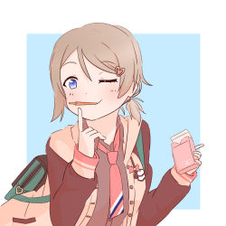 Rule 34 | 1girl, artist name, artist request, backpack, bag, blue eyes, blush, brown hair, brown shirt, collared shirt, eating, female focus, food, foreshortening, from side, glint, grey hair, hair ornament, hairclip, heart, heart hair ornament, highres, jacket, k@z (nu kaz ll), light brown hair, light rays, lips, long sleeves, looking at viewer, love live!, love live! school idol festival, love live! sunshine!!, low ponytail, necktie, one eye closed, open clothes, open jacket, pocky, red necktie, shirt, short hair, solo, striped, striped necktie, swept bangs, tareme, valentine, watanabe you, white jacket, wing collar